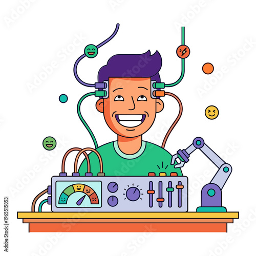 A man with purple hair and green shirt operates a machine with robotic arm