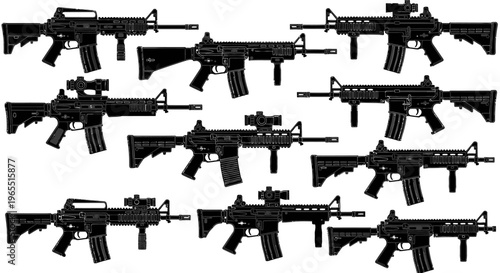 Set of Assault Rifle Silhouettes and Tactical M4 AR-15 Carbine Vector Illustrations for Military, Gaming, and Defense Graphic Design