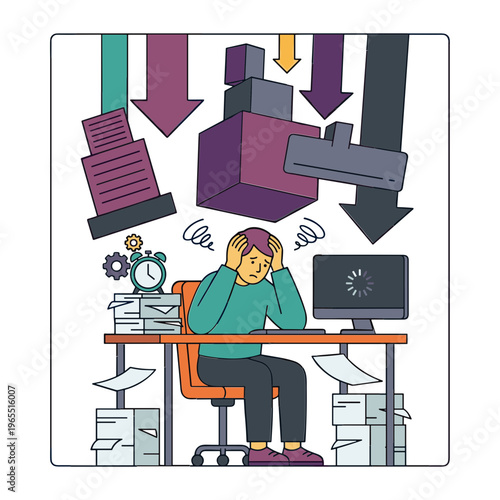 Overwhelmed office worker sitting at desk with papers and computer