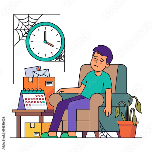 Man sits bored in armchair next to cluttered table with calendar clock