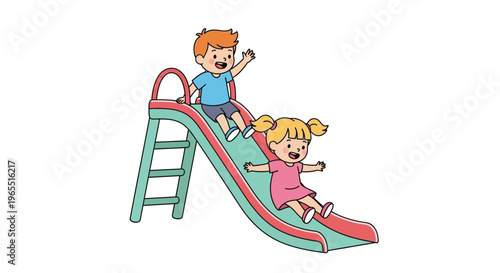 Two children joyfully sliding down a colorful playground slide