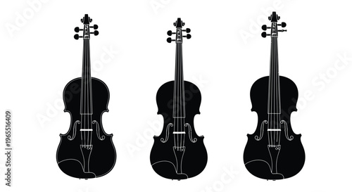Three black violin silhouettes arranged against a white background silhouette