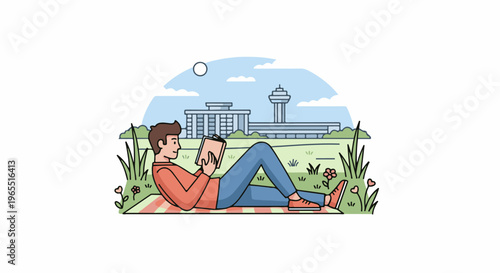 Person reading book outdoors with modern building and tower in background