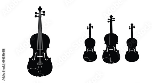Black silhouettes of violins varying sizes against a white background silhouette