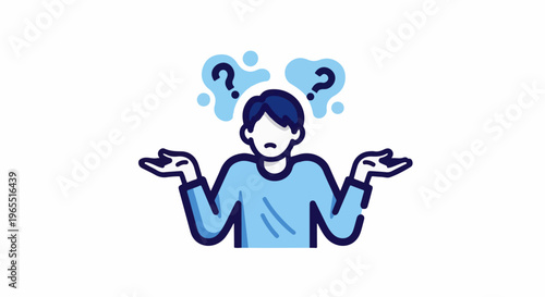 Person shrugging with question marks above their head, expressing confusion
