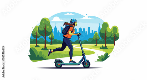 Person rides electric scooter in park with city skyline background