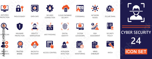 Vector icon set for cyber security, firewall, hacker, fingerprint, cloud protection, shield, biometrics, antivirus, and digital privacy solutions.