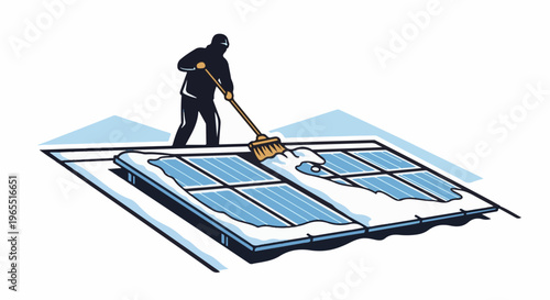 Person sweeping snow off solar panels on a roof