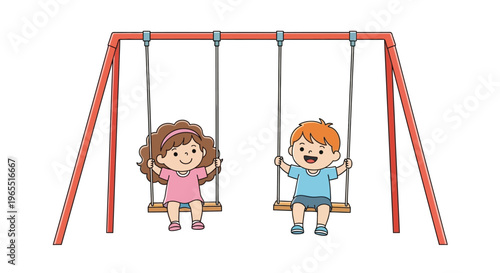 Two children joyfully swinging on a playground swing set outdoors