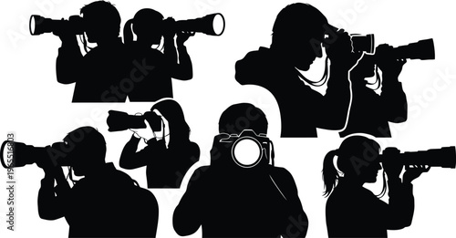 Photographers Silhouettes Taking Pictures with Cameras and Telephoto Lenses on White Background