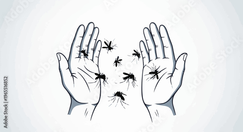 Outstretched hands swarm with numerous small, dark insects