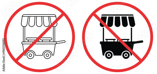No, food stall icon set featuring prohibition symbols, no street vending and food stand restriction concept, modern flat vector illustration collection for public safety signage, apps, websites, 