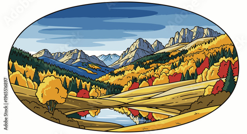 Oval autumn mountain valley with vibrant foliage reflecting in a calm lake