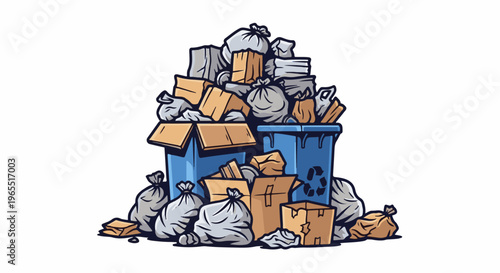 Overflowing blue bins and cardboard boxes filled with trash bags