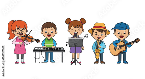 A colorful cartoon illustration of children playing various musical instruments
