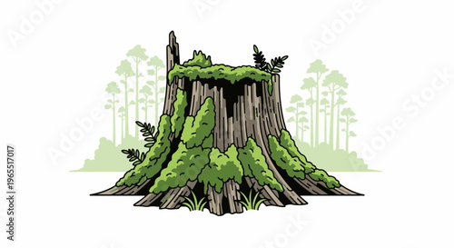 Overgrown mossy tree stump with distant forest silhouette