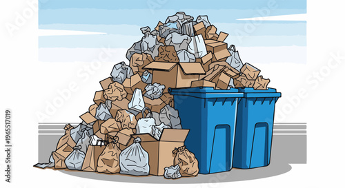 Overflowing blue bins overwhelmed by a huge pile of cardboard boxes and trash bags