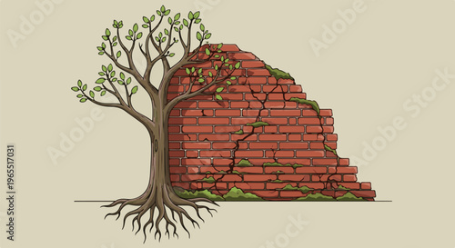 Overgrown old brick wall with a bare tree and visible roots on a plain background