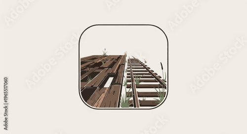 Overgrown railroad tracks beside a weathered wooden platform