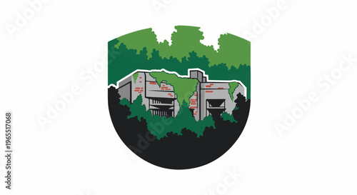 Overgrown ruins of concrete structures peek through dense forest foliage