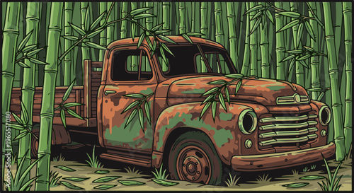 Overgrown rusty truck abandoned in a dense bamboo forest