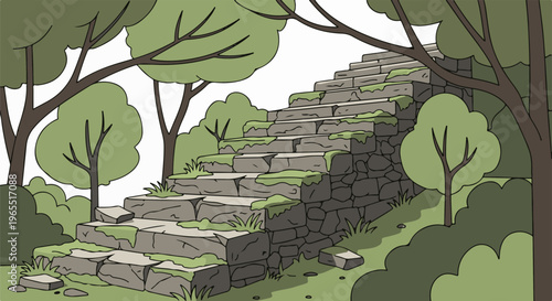 Overgrown stone steps ascend through a forest with lush green trees