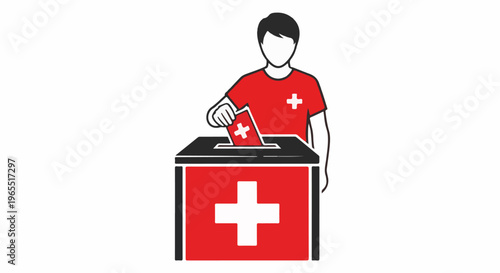 Person voting with ballot in a box with Swiss flag symbol