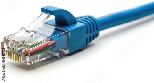Blue Ethernet Cable Connector Close-up on White Background