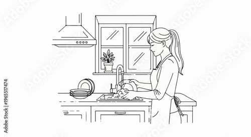 Person washes dishes at a kitchen sink with a window and plant