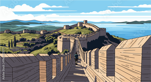 Person walks along a historic wall with towers overlooking a tranquil sea