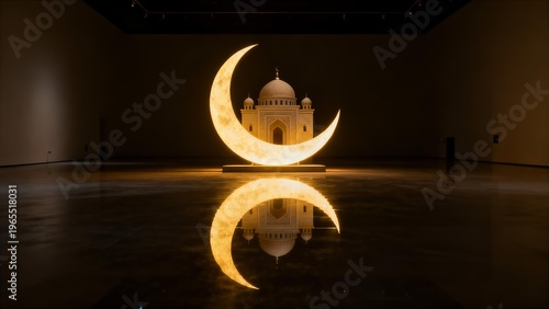 Glowing Crescent Moon and Mosque Sculpture Reflection for Ramadan Holiday Celebration Design