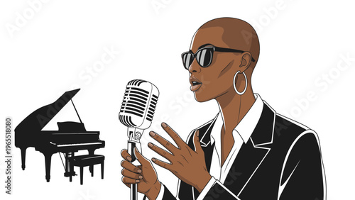 Stylish Black Woman Singer Performing Jazz Music with Grand Piano in Background, Elegant Vector Illustration for Music Events and Performance Concepts