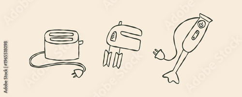 Whimsical doodle kitchen electrical appliances for cooking. Toaster, blender and mixer. Home cooking.