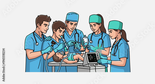 Medical team performs procedure on infant with monitor