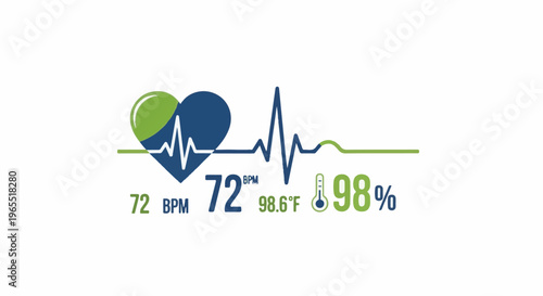 Medical vital signs display with heart, ECG, temperature, and oxygen saturation