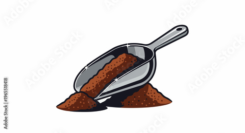 Metal scoop filled with coffee grounds rests on a pile