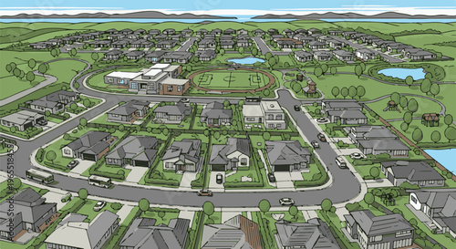 Overhead view of a suburban neighborhood with houses, roads, and a school