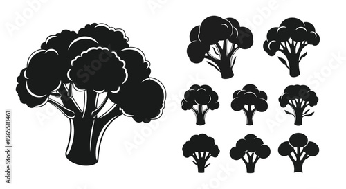 Black and white illustration of various broccoli shapes a silhouette