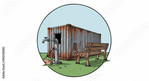 Old shipping container with water tap and wooden bench on grassy area