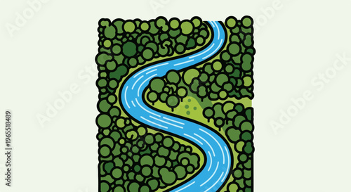 Overhead view of a winding river flowing through a dense forest