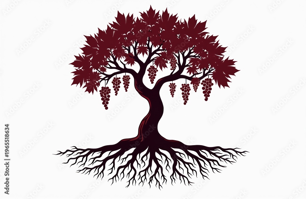 Fototapeta premium Decorative grapevine tree silhouette with roots and hanging bunches of dark red fruit. Leaves are broad and distinct against white backdrop. Elegant vine illustration.