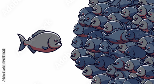 One piranha faces a large, menacing school of piranhas against white