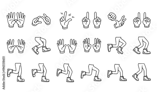 Modern cartoon limb icons collection with glove hands and sneaker legs actions black and white vector