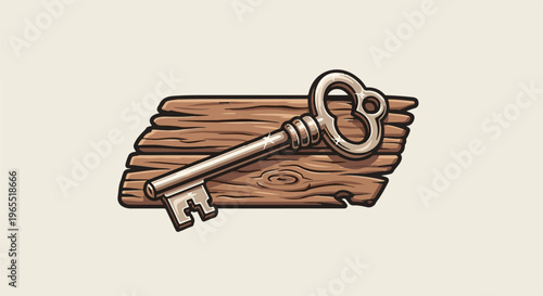 Ornate metallic key rests upon rough, weathered wooden planks