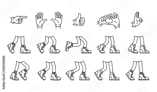 Cartoon hands and legs line icons set with gloves boots and sneaker actions black and white vector