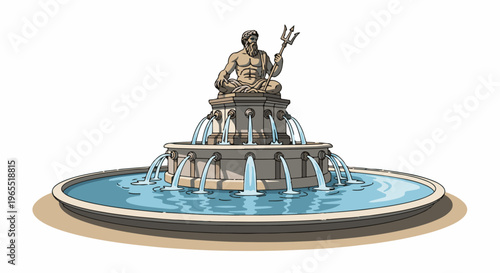 Ornate multi-tiered fountain featuring a seated figure holding a trident, with water cascading