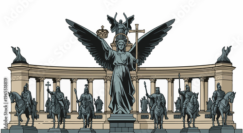 Monumental winged figure holds crown over equestrian statues under arch