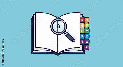 Open book with magnifying glass on letter A and alphabetical tabs