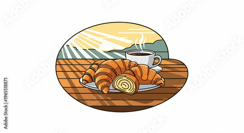 Morning breakfast with fresh croissants and hot coffee on a wooden table