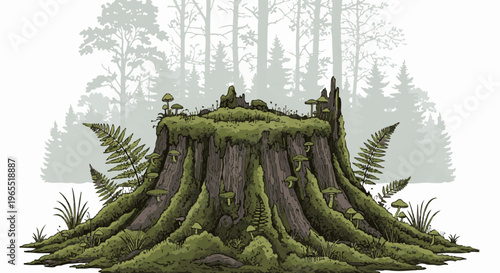 Mossy tree stump with mushrooms and ferns in a misty forest background